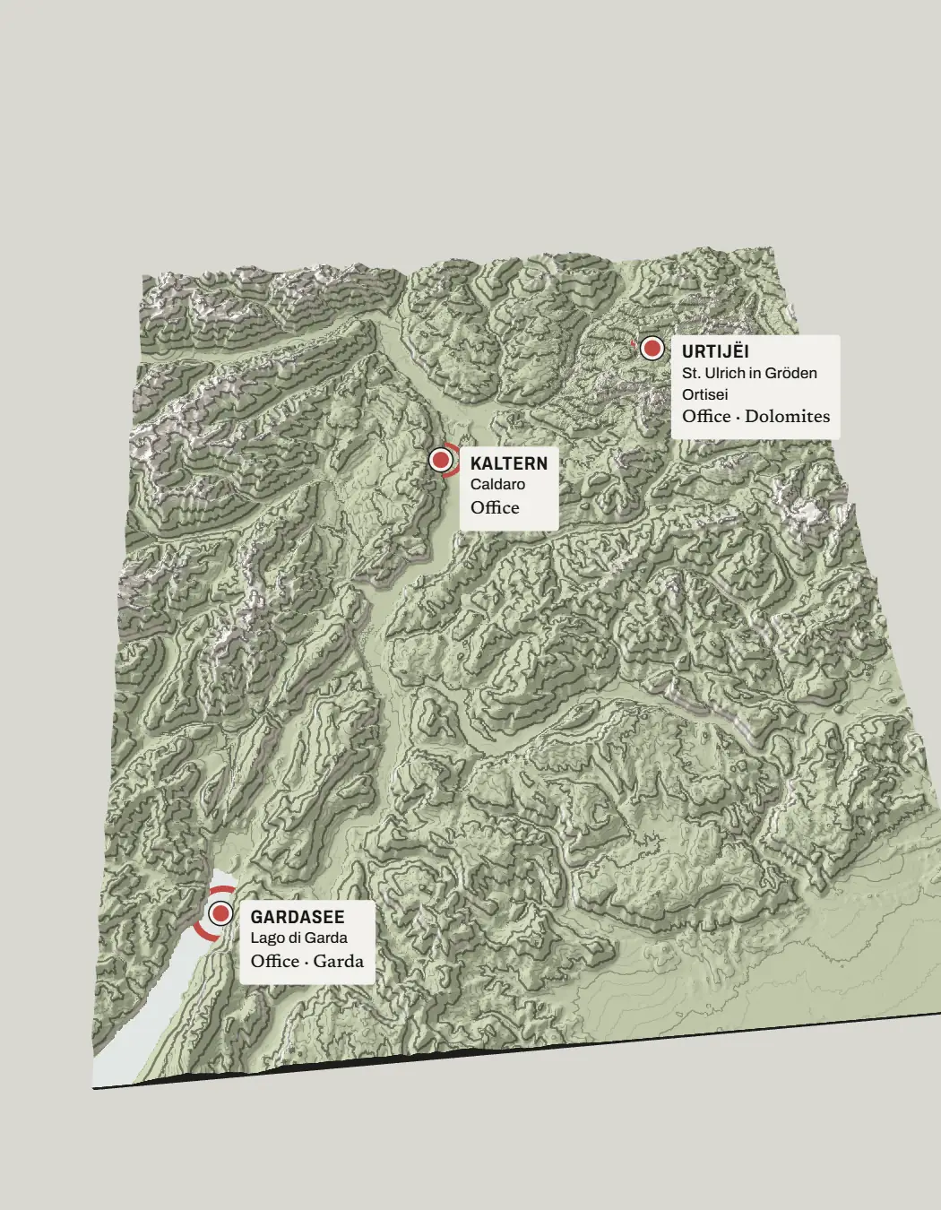 Still: a high view of the whole region, with the three offices marked: Dolomites, Kaltern / Caldaro, Garda.